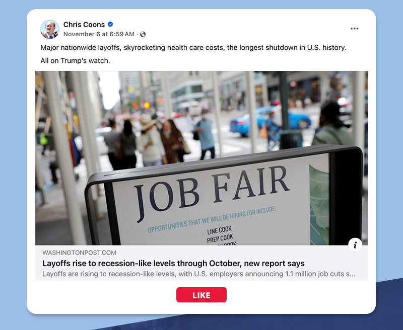 Major nationwide layoffs, skyrocketing health care costs, the longest shutdown in U.S. history.
All on Trump’s watch.

