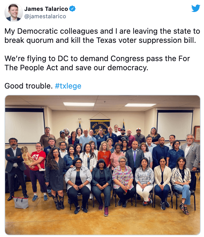 My Democratic colleagues and I are leaving the state to break quorum and kill the Texas voter suppression bill. We’re flying to DC to demand Congress pass the For The People Act and save our democracy. Good trouble.