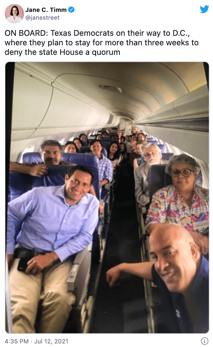 ON BOARD: Texas Democrats on their way to D.c., where they plan to stay for more than three weeks to deny the state House a quorum.