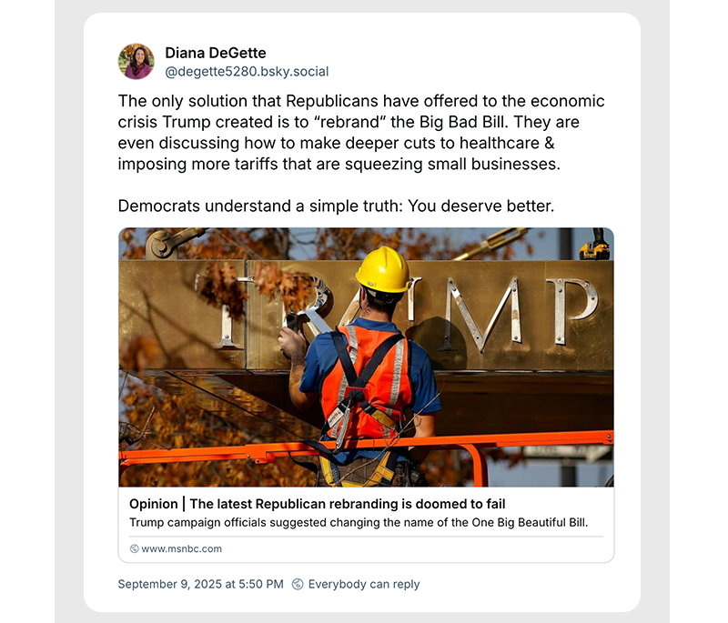 The only solution that Republicans have offered to the economic crisis Trump created is to “rebrand” the Big Bad Bill. They are even discussing how to make deeper cuts to healthcare & imposing more tariffs that are squeezing small businesses.

Democrats understand a simple truth: You deserve better.

