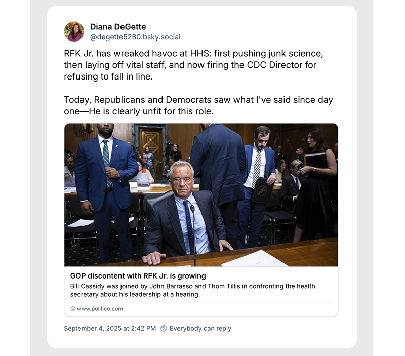 RFK Jr. has wreaked havoc at HHS: first pushing junk science, then laying off vital staff, and now firing the CDC Director for refusing to fall in line. 

Today, Republicans and Democrats saw what I've said since day one—He is clearly unfit for this role.

