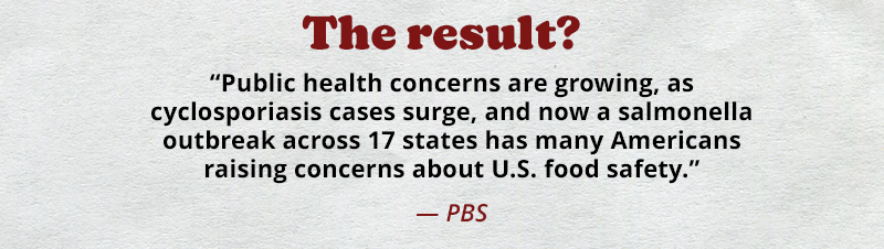 The result? 

'Public health concerns are growing, as cyclosporiasis cases surge, and now a salmonella outbreak across 17 states has many Americans raising concerns about U.S. food safety.' — PBS